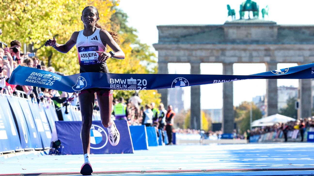Tigst Assefa fell off world-record pace but still picked up a third Berlin Marathon win. — Article image accompanying Cramps derail Tigst Assefa's record bid in Berlin Marathon win on WagerUp Sports News. Tigst Assefa fell off world-record pace but still picked up a third Berlin Marathon win. — Article image accompanying Cramps derail Tigst Assefa's record bid in Berlin Marathon win on WagerUp Sports News.