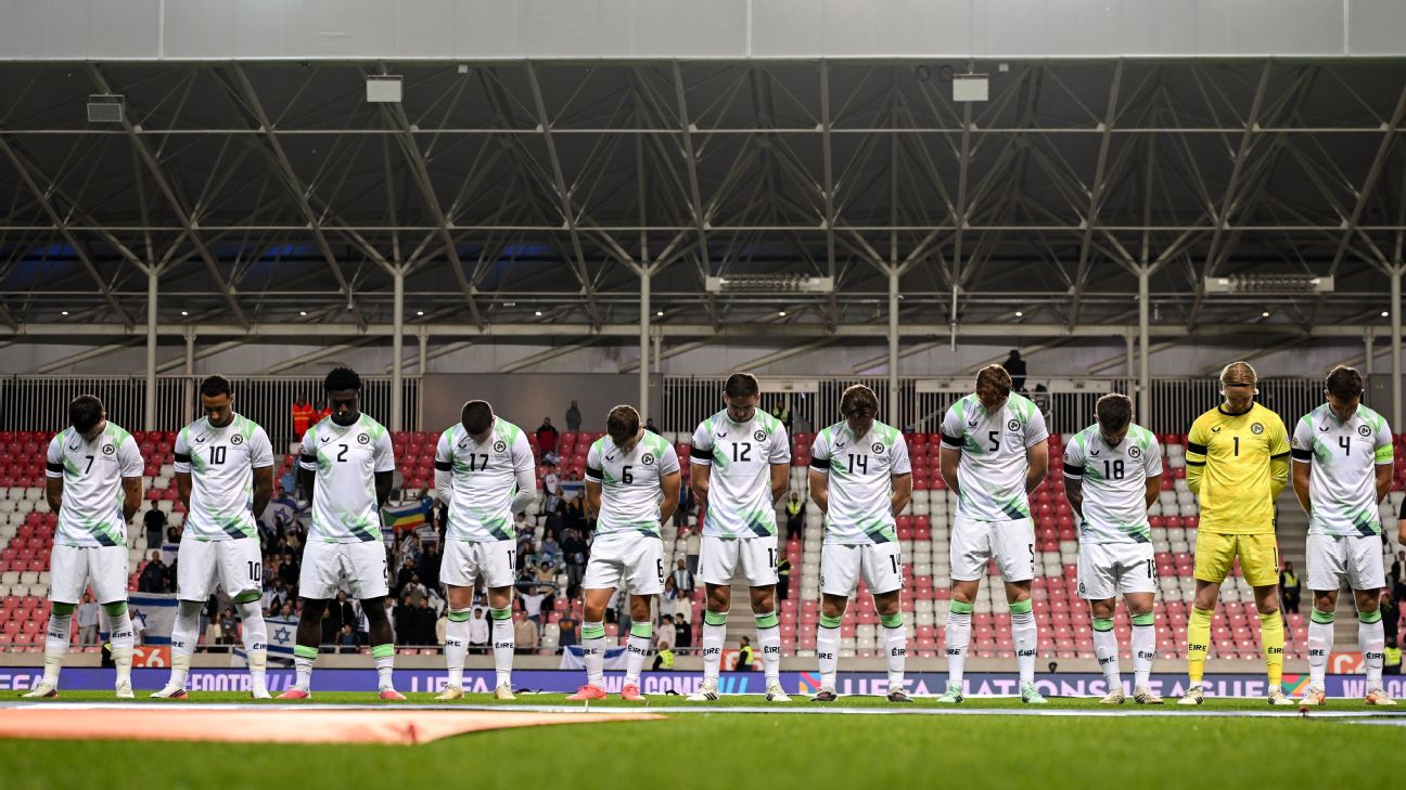 The Republic of Ireland players bowed their heads during the Israeli national anthem. — Article image accompanying Republic of Ireland beat Israel after skipping pregame handshakes on WagerUp Sports News. The Republic of Ireland players bowed their heads during the Israeli national anthem. — Article image accompanying Republic of Ireland beat Israel after skipping pregame handshakes on WagerUp Sports News.