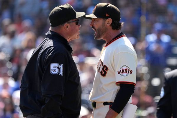 Giants manager Tony Vitello argues with umpire Marvin Hudson on Sunday. Vitello was ejected for an MLB-leading seventh time. — Article image accompanying Giants' Tony Vitello ejected for arguing about a checked swing on WagerUp Sports News. Giants manager Tony Vitello argues with umpire Marvin Hudson on Sunday. Vitello was ejected for an MLB-leading seventh time. — Article image accompanying Giants' Tony Vitello ejected for arguing about a checked swing on WagerUp Sports News.