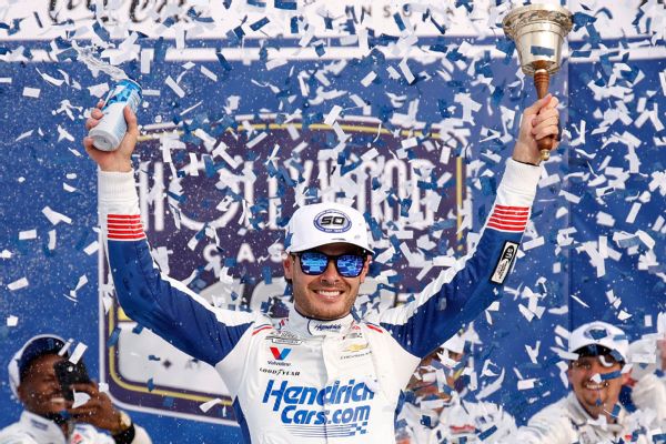 Article image accompanying Kyle Larson passes Chase Briscoe with 7 laps left to win in Kansas on WagerUp Sports News.