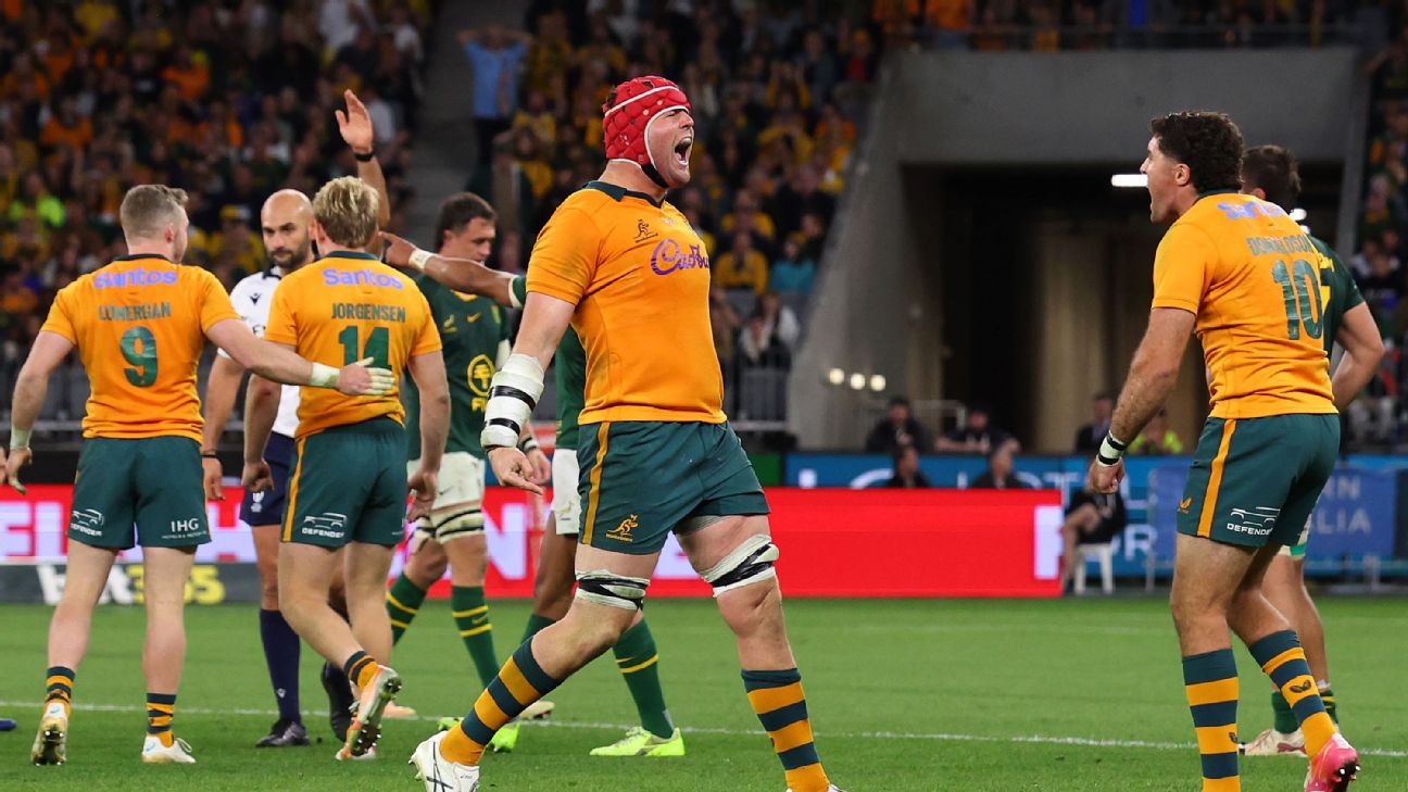 Harry Wilson of the Wallabies celebrates winning against the Springboks — Article image accompanying Les Kiss Kiss lauds Wallabies' 'backyard spirit' in unlikely victory on WagerUp Sports News. Harry Wilson of the Wallabies celebrates winning against the Springboks — Article image accompanying Les Kiss Kiss lauds Wallabies' 'backyard spirit' in unlikely victory on WagerUp Sports News.