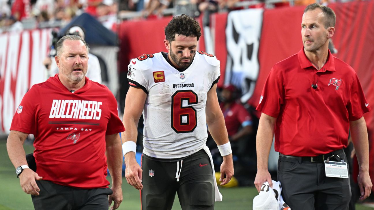 Baker Mayfield's MRI on his right thumb showed no additional damage beyond the dislocation but the injury is expected to sideline him for at least the next three weeks. — Article image accompanying Buccaneers' Mayfield (thumb) out at least three weeks, Bowles says on WagerUp Sports News.
