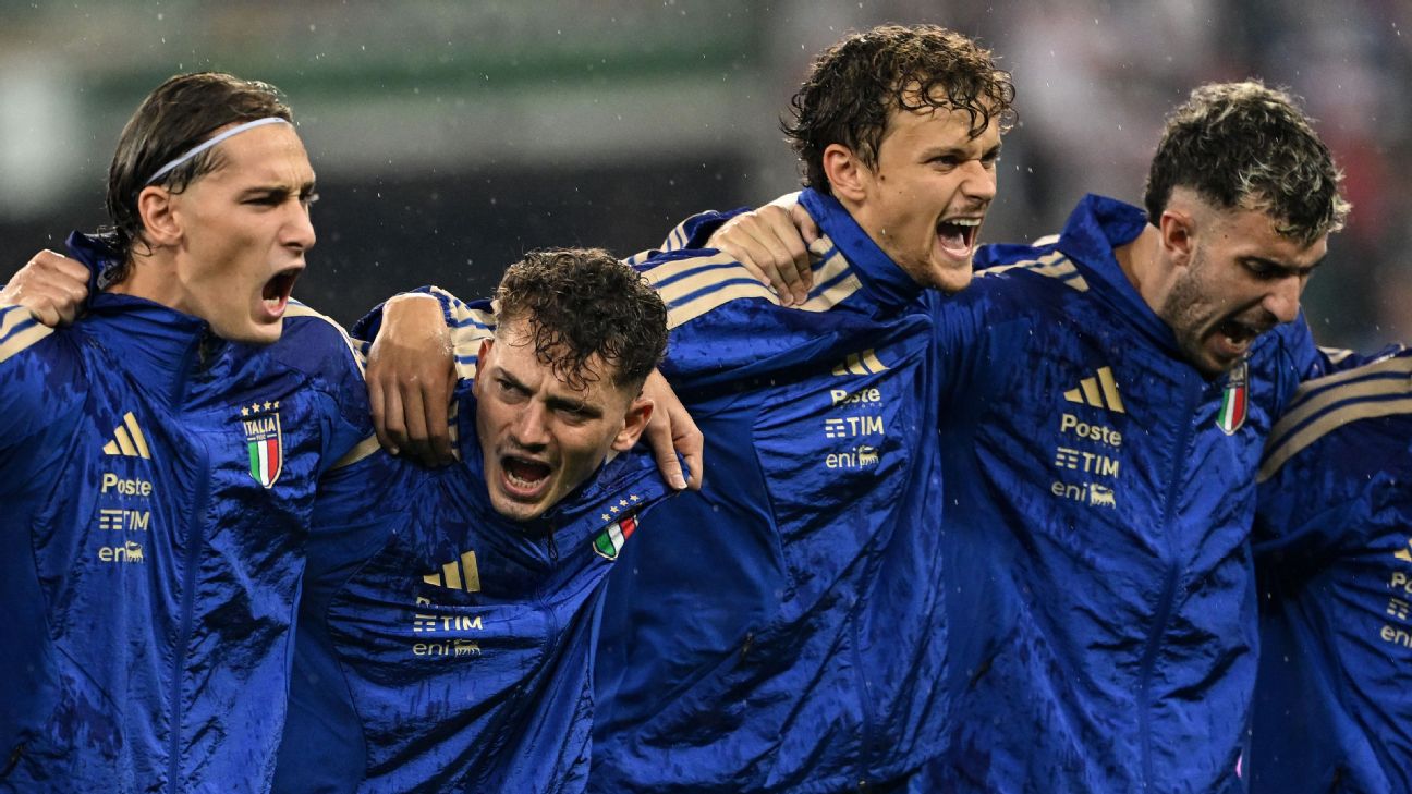 Pio and Sebastiano Esposito, far left, cheer after singing the Italian anthem before their Nations League game against Turkiye. — Article image accompanying Pio and Sebastiano Esposito start for Italy, a first for brothers since 1915 on WagerUp Sports News. Pio and Sebastiano Esposito, far left, cheer after singing the Italian anthem before their Nations League game against Turkiye. — Article image accompanying Pio and Sebastiano Esposito start for Italy, a first for brothers since 1915 on WagerUp Sports News.