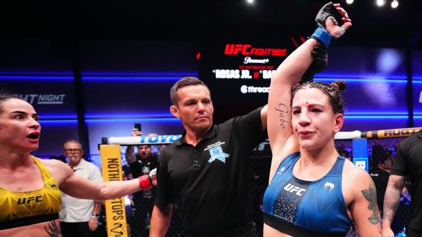 Ailin Perez, right, had her hand raised after Saturday's fight with Norma Dumont, a clash of highly ranked women's bantamweights. — Article image accompanying Winning top-four matchup elevates Ailin Perez in MMA divisional rankings on WagerUp Sports News. Ailin Perez, right, had her hand raised after Saturday's fight with Norma Dumont, a clash of highly ranked women's bantamweights. — Article image accompanying Winning top-four matchup elevates Ailin Perez in MMA divisional rankings on WagerUp Sports News.