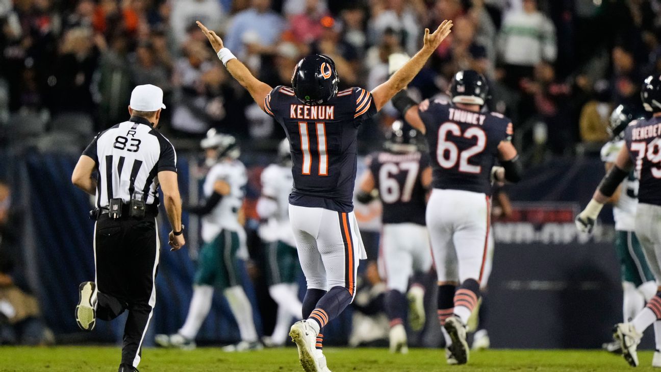 Case Keenum had plenty to celebrate Monday after subbing in for Caleb Williams and leading the Bears to an impressive win. — Article image accompanying QB3 Case Keenum, Bears defense shock Eagles in MNF rout on WagerUp Sports News. Case Keenum had plenty to celebrate Monday after subbing in for Caleb Williams and leading the Bears to an impressive win. — Article image accompanying QB3 Case Keenum, Bears defense shock Eagles in MNF rout on WagerUp Sports News.