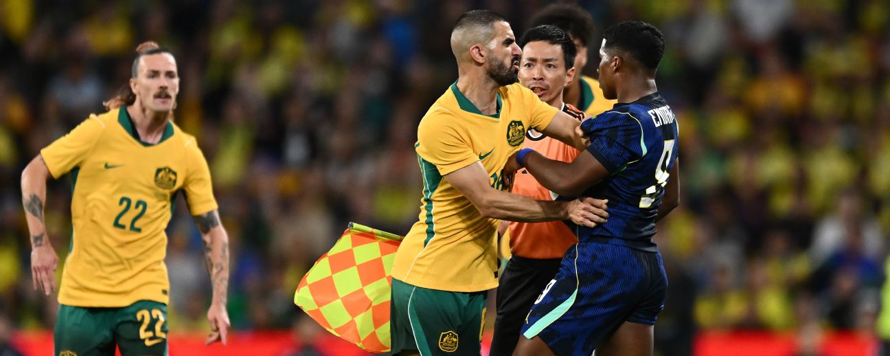Aziz Behich of Australia pushes Endrick Felipe Moreira de Sousa Pessoa of Brazil. — Article image accompanying Socceroos bring out Brazil's best in fiery rematch on WagerUp Sports News. Aziz Behich of Australia pushes Endrick Felipe Moreira de Sousa Pessoa of Brazil. — Article image accompanying Socceroos bring out Brazil's best in fiery rematch on WagerUp Sports News.