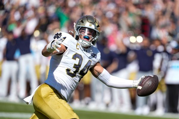 Linebacker Drayk Bowen celebrates after scoring a touchdown off a fumble recovery in Notre Dame's win over Purdue on Saturday. — Article image accompanying No. 3 Notre Dame to challenge its top-ranked defense vs. UNC on WagerUp Sports News. Linebacker Drayk Bowen celebrates after scoring a touchdown off a fumble recovery in Notre Dame's win over Purdue on Saturday. — Article image accompanying No. 3 Notre Dame to challenge its top-ranked defense vs. UNC on WagerUp Sports News.