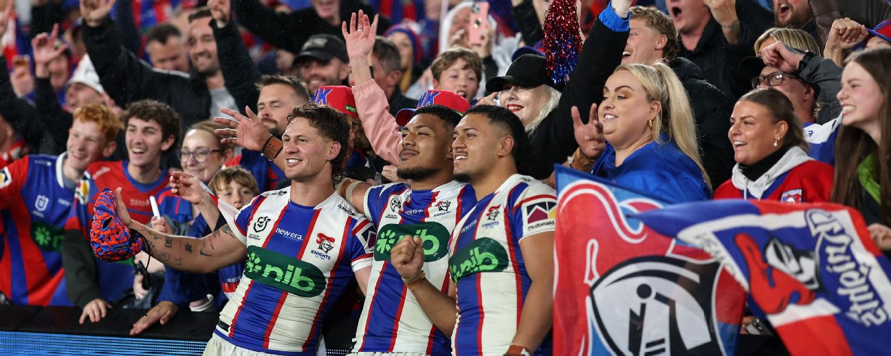 Kalyn Ponga, Francis Manuleleua and Jermaine McEwen celebrate with fans after beating Penrith. — Article image accompanying Bruise Crew: Knights duo settle on nickname on WagerUp Sports News.