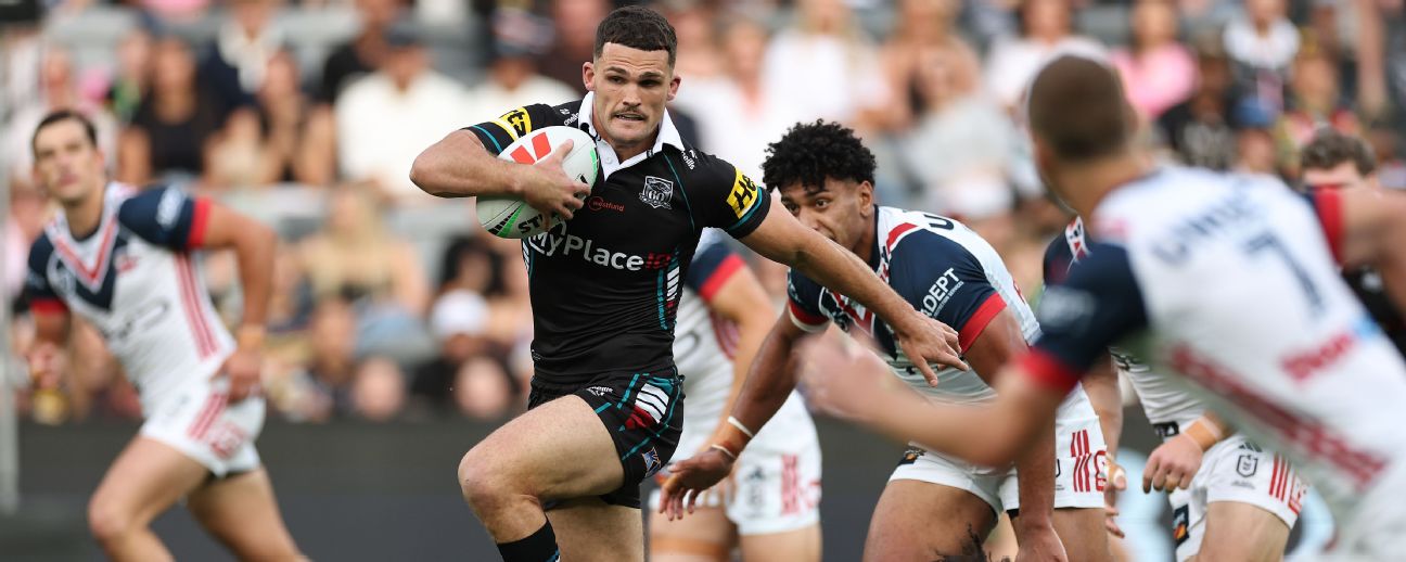 Nathan Cleary of the Panthers makes a break. — Article image accompanying Picking an NRL Team of the Year: Who makes the cut for 2026? on WagerUp Sports News.