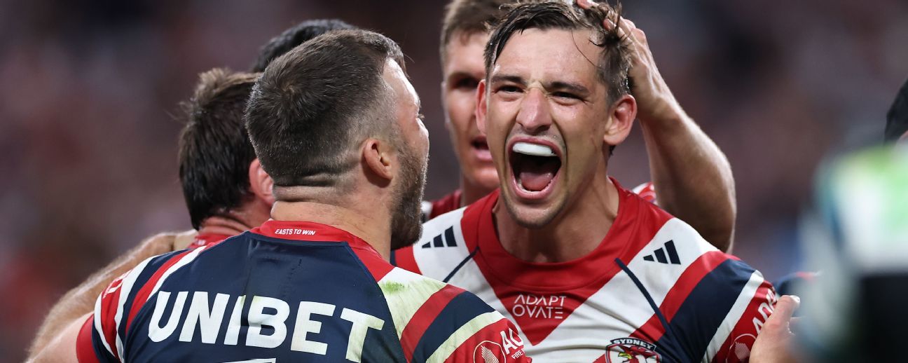 Roosters centre Billy Smith celebrates with teammates. — Article image accompanying Roosters' centres thought they'd never play again on WagerUp Sports News. Roosters centre Billy Smith celebrates with teammates. — Article image accompanying Roosters' centres thought they'd never play again on WagerUp Sports News.