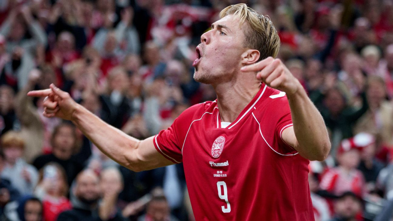 Rasmus Hojlund celebrates scoring for Denmark with Cristiano Ronaldo's iconic 'Siuuuu' — Article image accompanying Rasmus Højlund hits 'Siuuu' against Portugal: 'Cristiano Ronaldo will never be forgotten' on WagerUp Sports News.