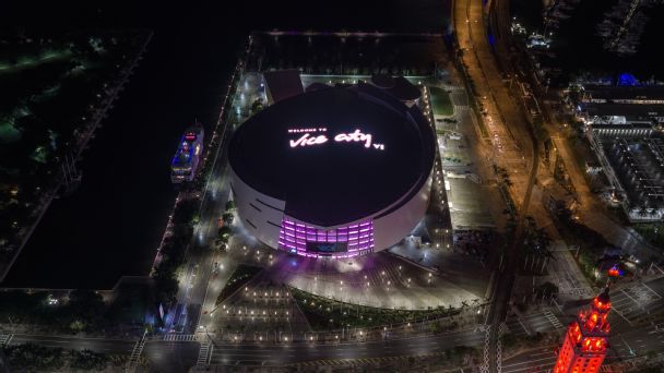 The Heat kicked off the promotion for the team's special  “A Night in Vice City” event on Thursday, lighting up “Welcome to Vice City” signage on the roof of the Kaseya Center.