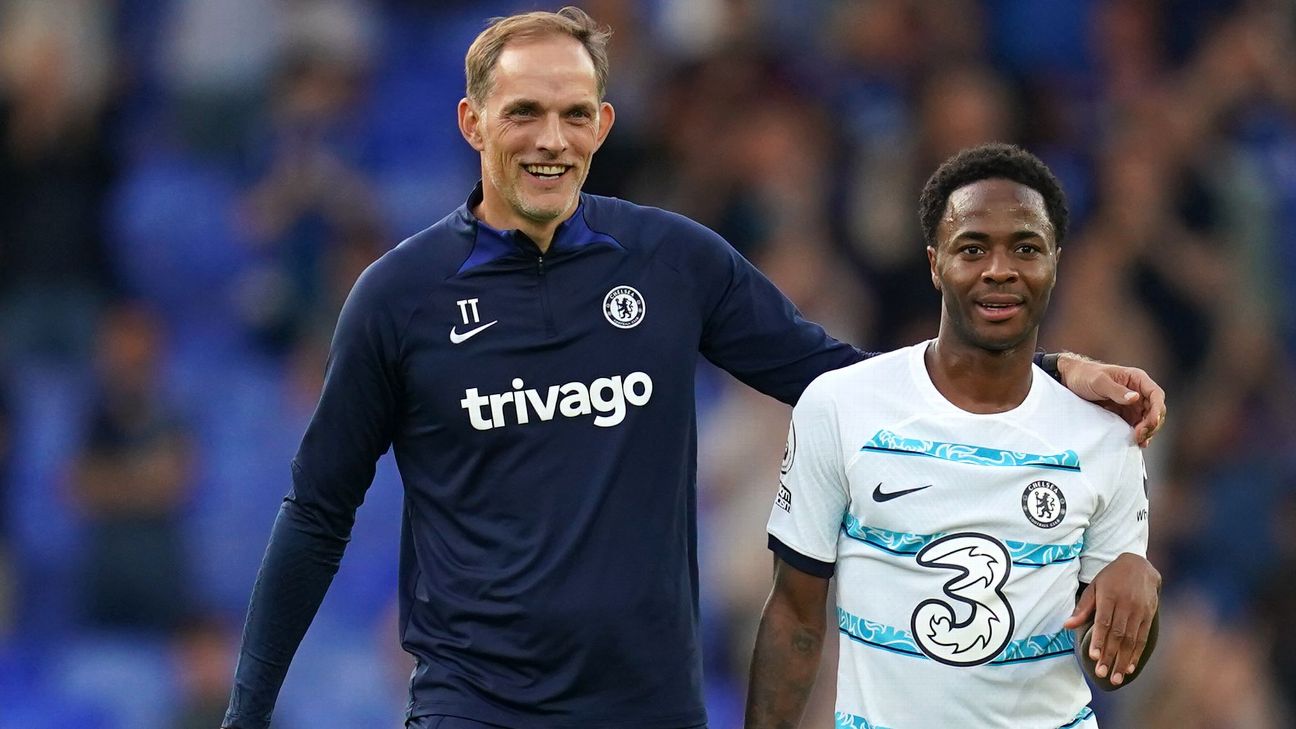 Thomas Tuchel greets Raheem Sterling after a Chelsea game at Everton in August 2022. — Article image accompanying Thomas Tuchel: Raheem Sterling's struggles 'sad to see' on WagerUp Sports News. Thomas Tuchel greets Raheem Sterling after a Chelsea game at Everton in August 2022. — Article image accompanying Thomas Tuchel: Raheem Sterling's struggles 'sad to see' on WagerUp Sports News.