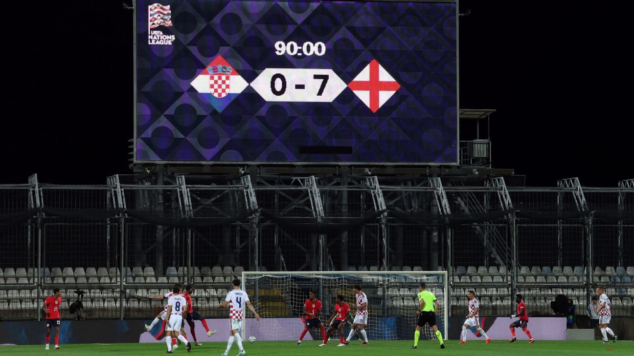 The scoreboard is seen during the UEFA Nations League 2026/27 group phase match between Croatia and England — Article image accompanying England thrash Croatia to put World Cup heartbreak firmly behind them on WagerUp Sports News.