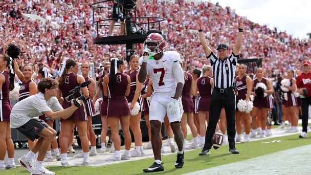 Rico Scott of the Alabama Crimson Tide reacts during the second half against the Mississippi State Bulldogs at Davis Wade Stadium on October 3, 2026 in Starkville, Mississippi. — Article image accompanying Alabama's Mississippi State jab tops trolls from Week 5 college football on WagerUp Sports News.