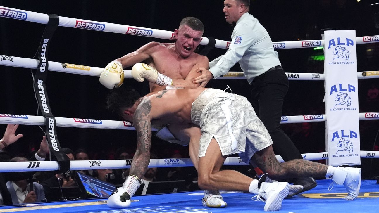 Whittaker touched the canvas three times in the final round but no knockdowns were called. — Article image accompanying Ben Whittaker dominates before chaotic finish to outpoint Conor Wallace on WagerUp Sports News. Whittaker touched the canvas three times in the final round but no knockdowns were called. — Article image accompanying Ben Whittaker dominates before chaotic finish to outpoint Conor Wallace on WagerUp Sports News.
