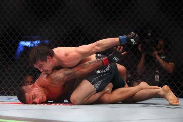 Alexander Hernandez's second-round TKO win over Rafael Dos Anjos was one of 11 fights that ended with a KO or TKO at Saturday's UFC 332. — Article image accompanying UFC 332 sees record 9 first-round knockouts, 11 total finishes on WagerUp Sports News. Alexander Hernandez's second-round TKO win over Rafael Dos Anjos was one of 11 fights that ended with a KO or TKO at Saturday's UFC 332. — Article image accompanying UFC 332 sees record 9 first-round knockouts, 11 total finishes on WagerUp Sports News.