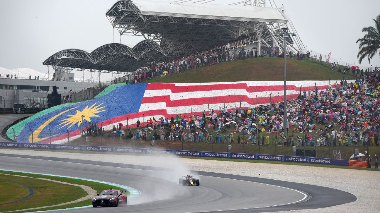 Max Verstappen led the pack behind the initial Safety Car. — Article image accompanying 'Totally unacceptable:' F1 drivers slam delayed start to Bahrain Grand Prix in Malaysia on WagerUp Sports News. Max Verstappen led the pack behind the initial Safety Car. — Article image accompanying 'Totally unacceptable:' F1 drivers slam delayed start to Bahrain Grand Prix in Malaysia on WagerUp Sports News.