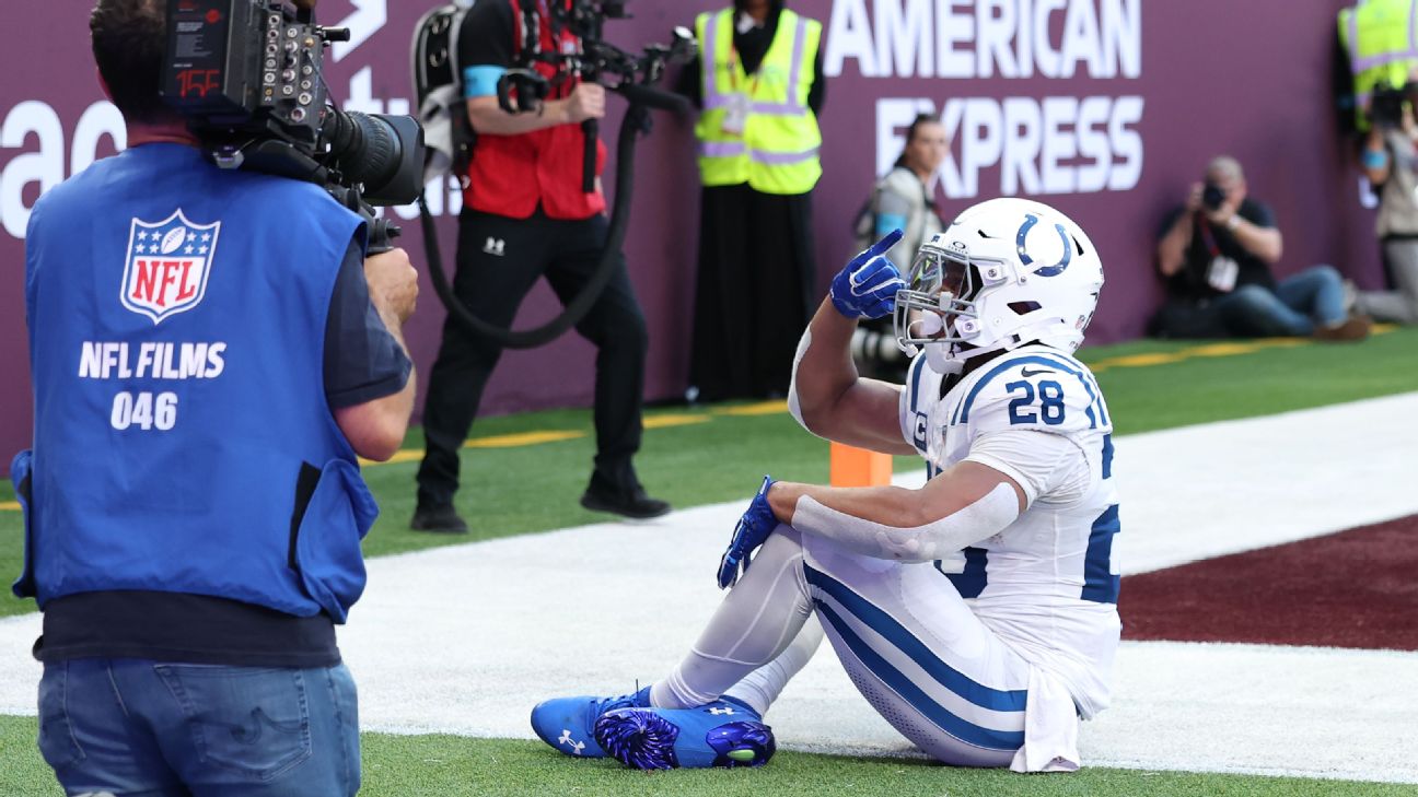 Jonathan Taylor celebrated one of his two touchdowns by pretending to drink a cup of tea. — Article image accompanying Colts 30-13 Commanders: NFL London begins with key injuries, offensive struggles at Tottenham's home on WagerUp Sports News. Jonathan Taylor celebrated one of his two touchdowns by pretending to drink a cup of tea. — Article image accompanying Colts 30-13 Commanders: NFL London begins with key injuries, offensive struggles at Tottenham's home on WagerUp Sports News.