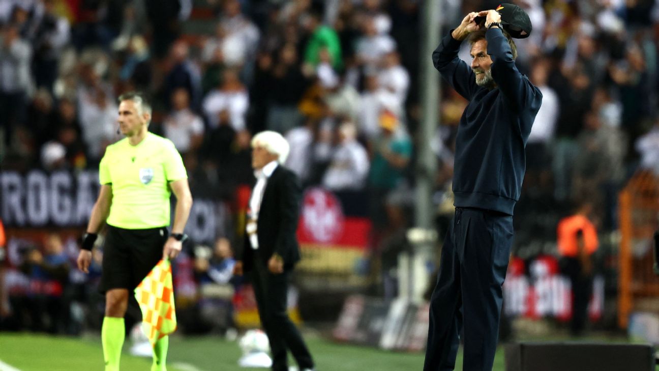 Jurgen Klopp reacts on the sidelines during Germany's draw against Greece in the Nations League. — Article image accompanying Greece frustrate Klopp's Germany in goalless draw on WagerUp Sports News. Jurgen Klopp reacts on the sidelines during Germany's draw against Greece in the Nations League. — Article image accompanying Greece frustrate Klopp's Germany in goalless draw on WagerUp Sports News.