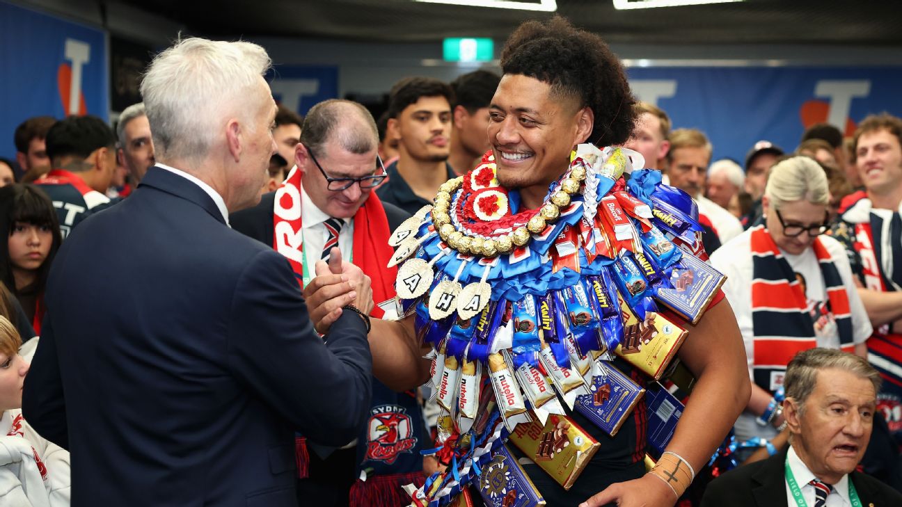 Naufahu Whyte of the Roosters celebrates the Roosters' premiership. — Article image accompanying 'I see him as my brother': Naufahu Whyte pays tribute to Spencer Leniu after Roosters triumph on WagerUp Sports News. Naufahu Whyte of the Roosters celebrates the Roosters' premiership. — Article image accompanying 'I see him as my brother': Naufahu Whyte pays tribute to Spencer Leniu after Roosters triumph on WagerUp Sports News.