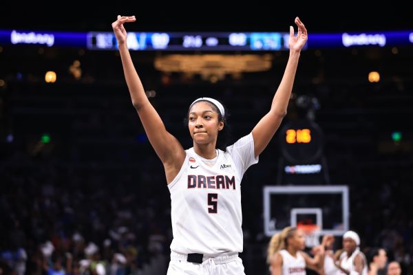 Angel Reese #5 of the Atlanta Dream looks on during the game against the New York Liberty during Semi-Finals Game 1 on October 4, 2026 at State Farm Arena at College Park in Atlant