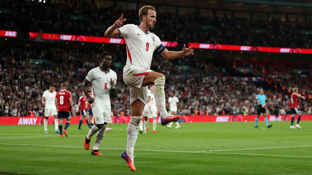 Harry Kane celebrates scoring his second goal in England's win over Czechia. — Article image accompanying Kane leads England past Czechia in record outing on WagerUp Sports News.