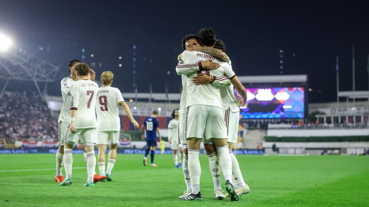 Spain players celebrate after scoring a goal against Croatia in the Nations League. — Article image accompanying Spain rally to beat Croatia, unbeaten run up to 43 games on WagerUp Sports News.