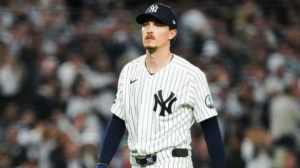 Max Fried #54 of the New York Yankees looks on during Game 3 of the American League Division Series.