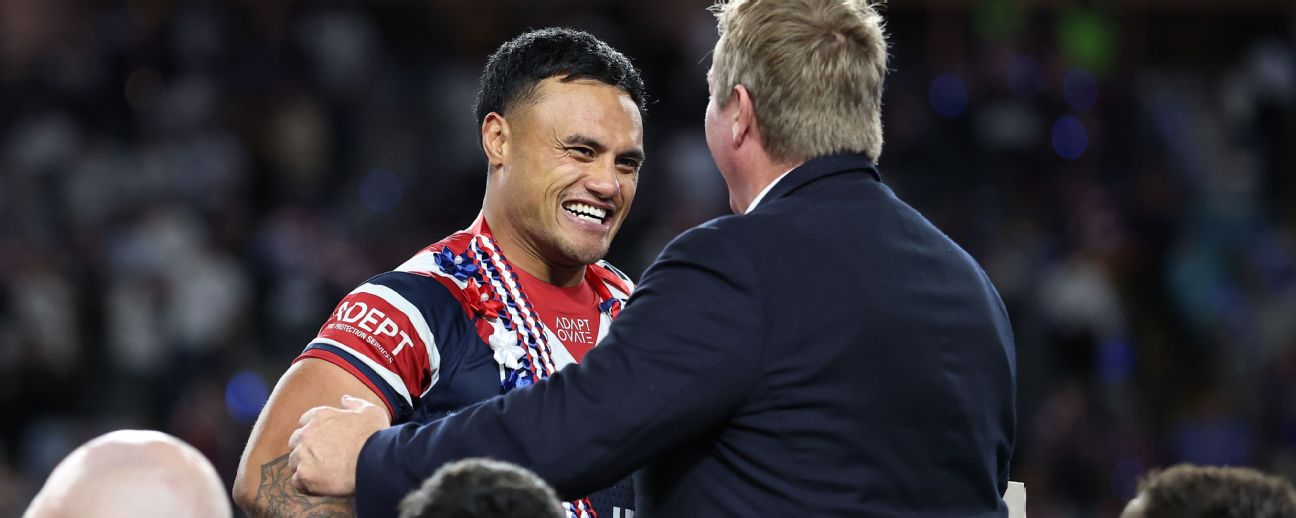 Spencer Leniu [L] signed off his time at the Roosters with the 2026 NRL Premiership — Article image accompanying NRL: Spencer Leniu signs with Eels after early Roosters release on WagerUp Sports News.