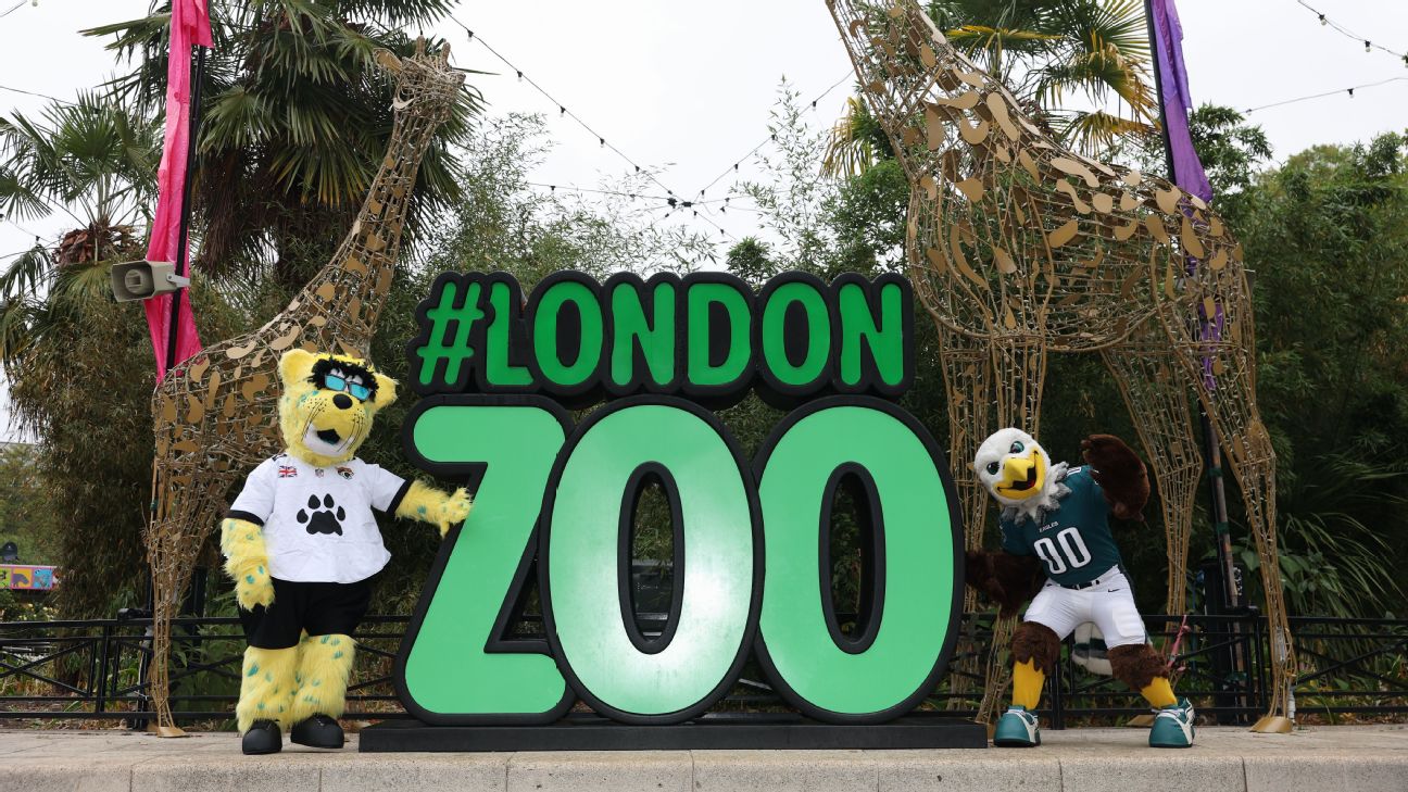 A jaguar and an eagle, back at the zoo... — Article image accompanying NFL takes over London with Super Bowl rings, flag football and zoo mascots before Eagles vs. Jaguars on WagerUp Sports News.