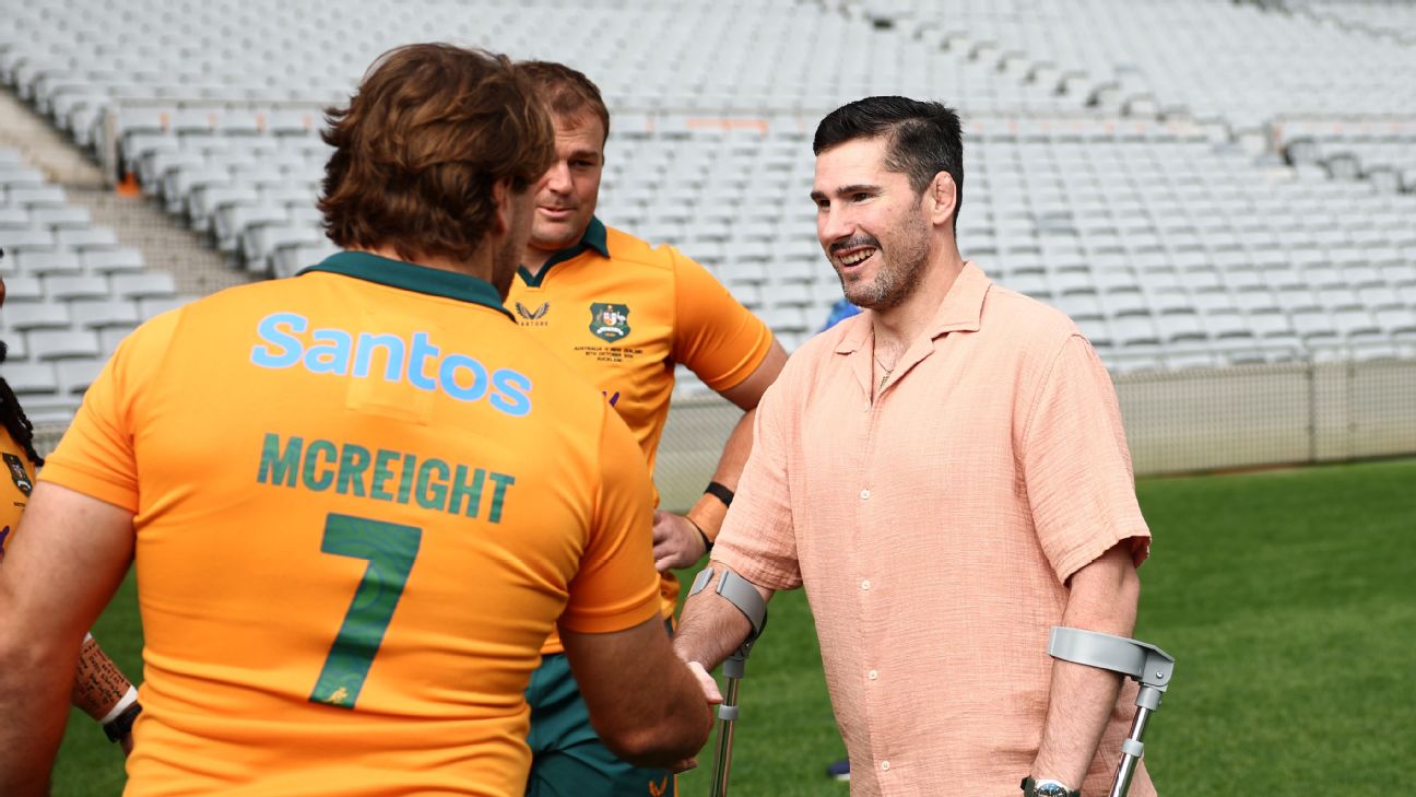 The Wallabies chat with Nathan Charles before captain's run — Article image accompanying 'Why not': Wilson's Wallabies plot 40-year first on WagerUp Sports News. The Wallabies chat with Nathan Charles before captain's run — Article image accompanying 'Why not': Wilson's Wallabies plot 40-year first on WagerUp Sports News.