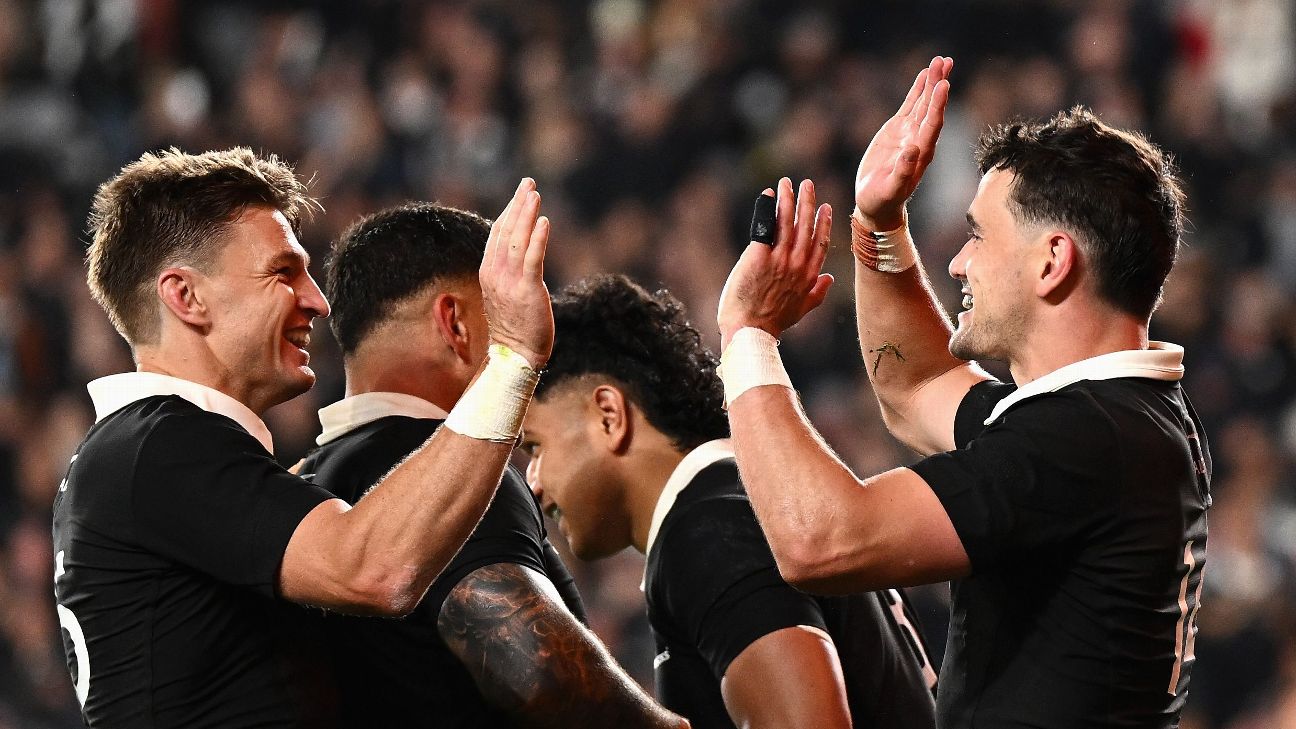 Will Jordan of the All Blacks celebrates scoring a try with Beauden Barrett — Article image accompanying Bledisloe blues: Wallabies' Eden Park curse continues on WagerUp Sports News. Will Jordan of the All Blacks celebrates scoring a try with Beauden Barrett — Article image accompanying Bledisloe blues: Wallabies' Eden Park curse continues on WagerUp Sports News.