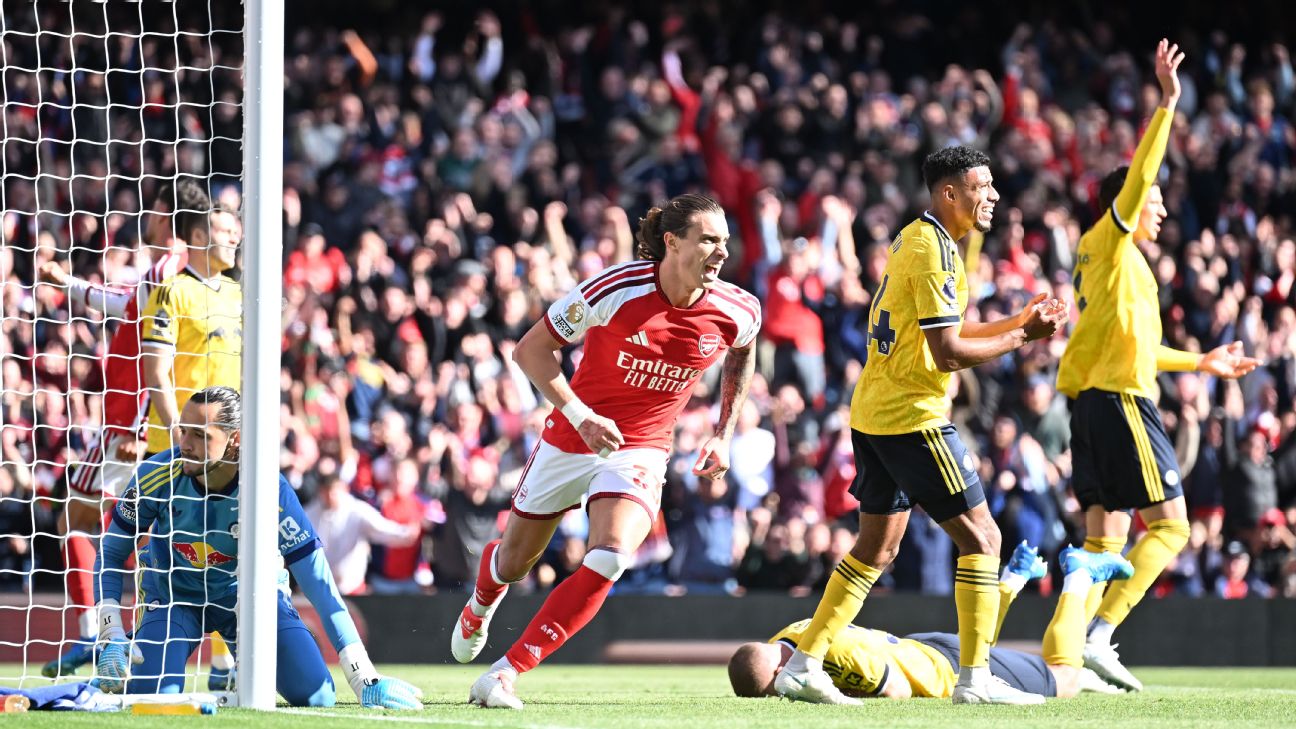 Riccardo Calafiori celebrates scoring against Leeds United.
