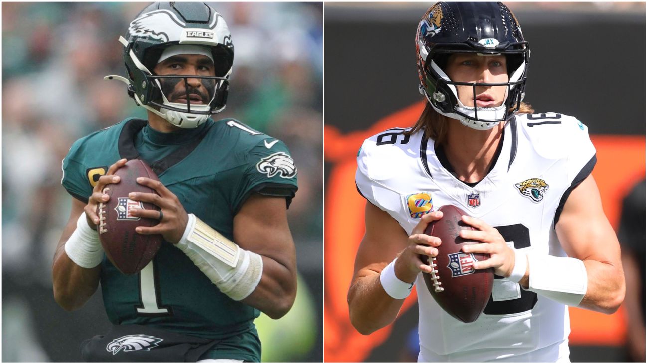 Jalen Hurts (left) and Trevor Lawrence (right) will be looking to lead their teams to victory on Sunday. — Article image accompanying Eagles vs. Jaguars, NFL London preview: ESPN experts on key players, matchups and predictions on WagerUp Sports News. Jalen Hurts (left) and Trevor Lawrence (right) will be looking to lead their teams to victory on Sunday. — Article image accompanying Eagles vs. Jaguars, NFL London preview: ESPN experts on key players, matchups and predictions on WagerUp Sports News.
