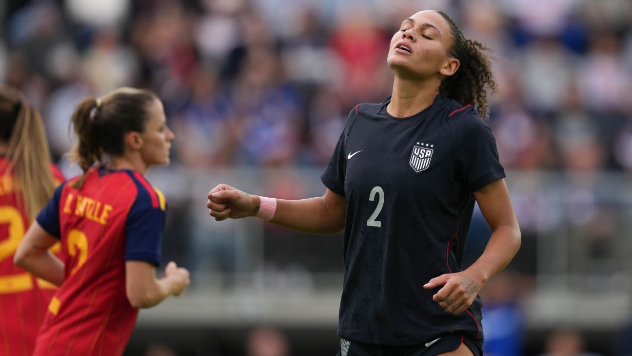 Trinity Rodman couldn't make the most of her scoring opportunites in the USWNT's loss to Spain. — Article image accompanying USWNT 'frustrated' but 'not deterred' by loss to world champions Spain on WagerUp Sports News. Trinity Rodman couldn't make the most of her scoring opportunites in the USWNT's loss to Spain. — Article image accompanying USWNT 'frustrated' but 'not deterred' by loss to world champions Spain on WagerUp Sports News.