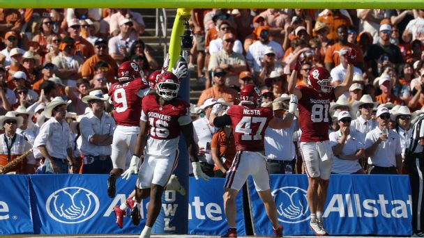 Oklahoma Sooners defensive back Dakoda Fields celebrates recovering a blocked punt by Sooners defensive lineman Danny Okoye for a touchdown during the Red River Rivalry on Oct. 10, 2026. — Article image accompanying Oklahoma's jab at Texas tops trolls from Week 6 in college football on WagerUp Sports News. Oklahoma Sooners defensive back Dakoda Fields celebrates recovering a blocked punt by Sooners defensive lineman Danny Okoye for a touchdown during the Red River Rivalry on Oct. 10, 2026. — Article image accompanying Oklahoma's jab at Texas tops trolls from Week 6 in college football on WagerUp Sports News.