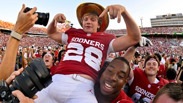 Tate Sandell hit the winning field goal for Oklahoma. — Article image accompanying Best of Week 6: A Red River game winner and upsets galore in the SEC on WagerUp Sports News.