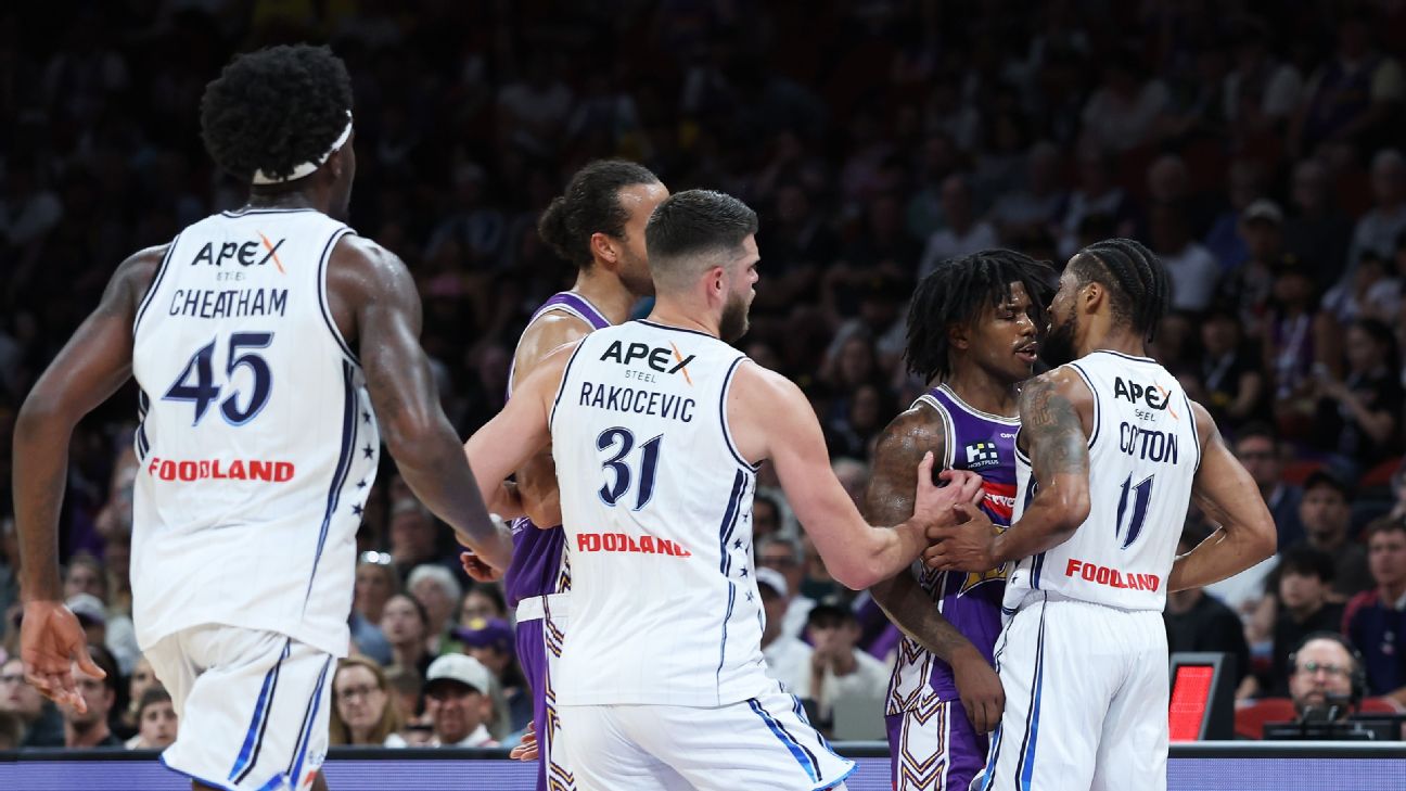 Bryce Cotton of the 36ers scuffles with Kendric Davis of the Kings — Article image accompanying Cotton, Davis clash in heated NBL championship final rematch on WagerUp Sports News.