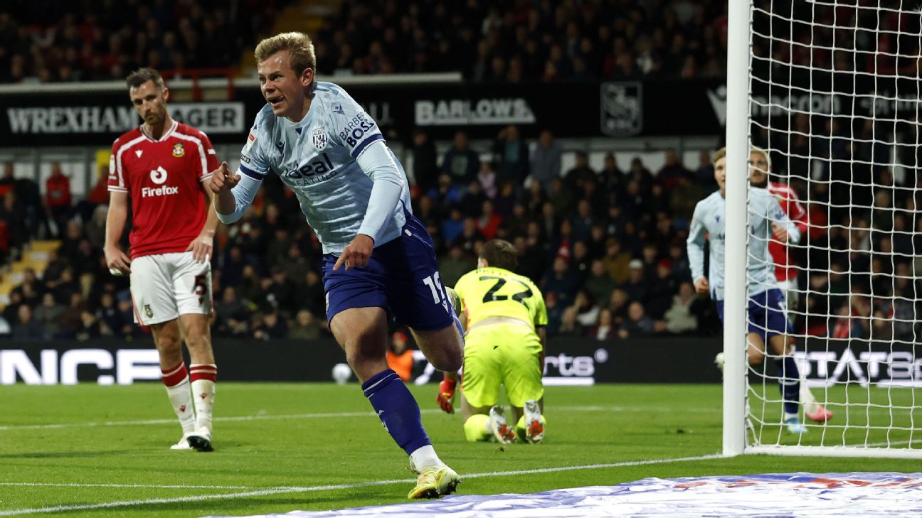 Aune Heggebo celebrates after scoring the winning goal for West Brom against Wrexham in the Championship. — Article image accompanying Two late West Brom goals sink Wrexham to 16th on WagerUp Sports News.