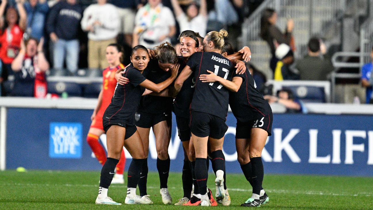 USWNT celebrates — Article image accompanying Player ratings: Sanchez, Swanson get 9s in USWNT's comeback draw with Spain on WagerUp Sports News. USWNT celebrates — Article image accompanying Player ratings: Sanchez, Swanson get 9s in USWNT's comeback draw with Spain on WagerUp Sports News.