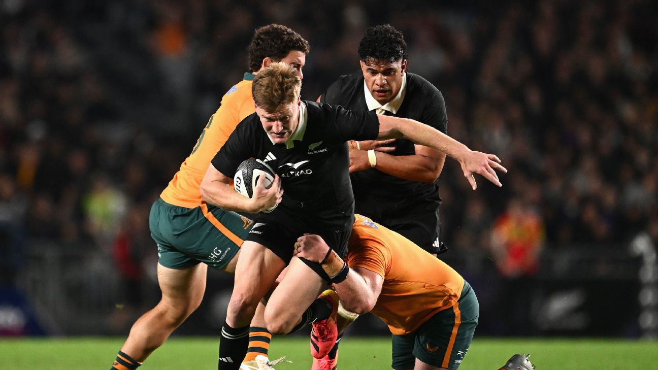 Jordie Barrett takes on the Wallabies' defensive line — Article image accompanying Fulcrum, facilitator, hit man: Jordie Barrett's class elevates him well above the rest on WagerUp Sports News. Jordie Barrett takes on the Wallabies' defensive line — Article image accompanying Fulcrum, facilitator, hit man: Jordie Barrett's class elevates him well above the rest on WagerUp Sports News.