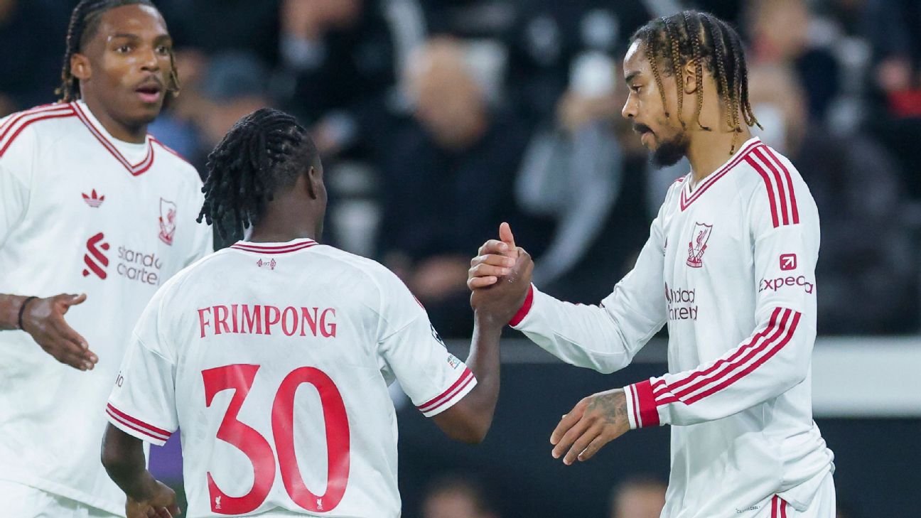 Bradley Barcola, right, celebrates after scoring a goal for Liverpool in the Champions League. — Article image accompanying Liverpool rout LASK Linz with Barcola's first UCL hat trick on WagerUp Sports News.
