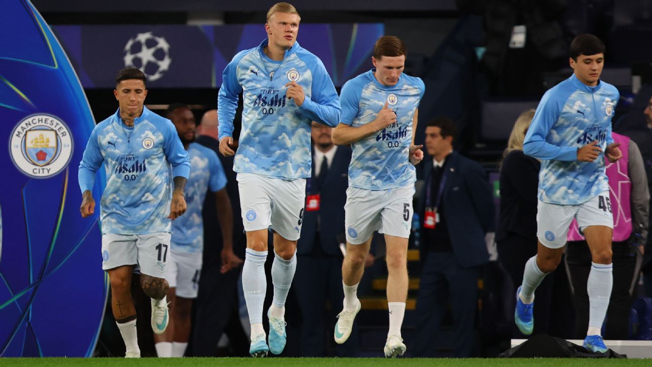 Erling Haaland of Manchester City leads the players out for the warm up ahead of the UEFA Champions League 2026/27 League Phase MD2 match between Manchester City and Paris Saint-Germain