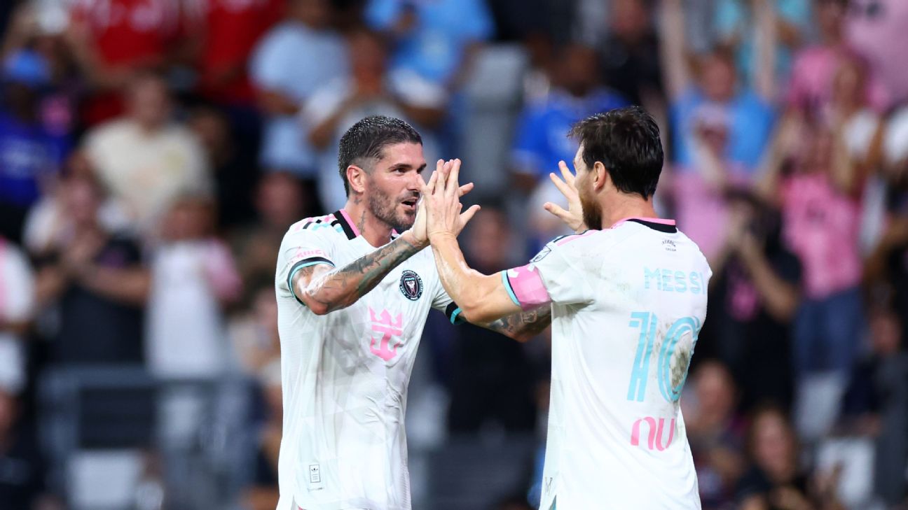 Rodrigo De Paul, left, and Lionel Messi celebrate after combining on a goal for Inter Miami against New York City FC. — Article image accompanying Inter Miami, Messi clinch playoff spot with win over NYCFC on WagerUp Sports News. Rodrigo De Paul, left, and Lionel Messi celebrate after combining on a goal for Inter Miami against New York City FC. — Article image accompanying Inter Miami, Messi clinch playoff spot with win over NYCFC on WagerUp Sports News.