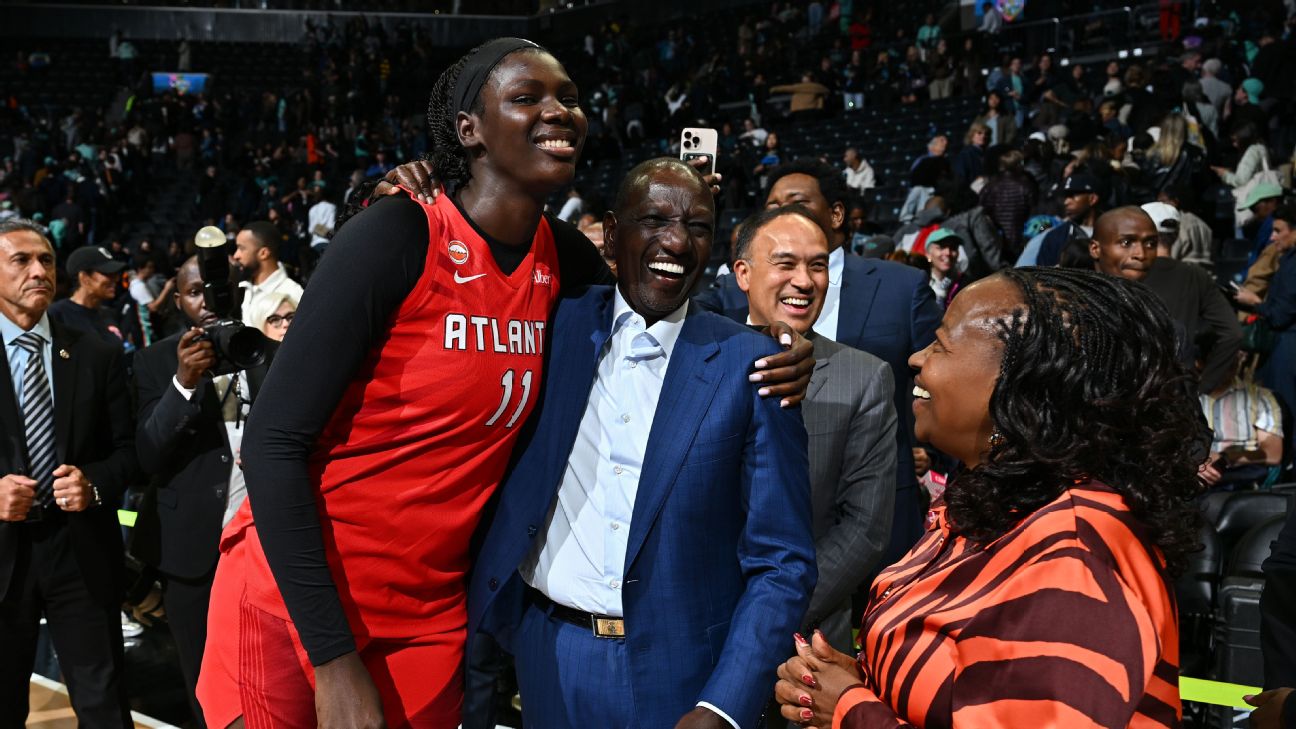 Atlanta Dream's Kenya international Madina Okot towers over Kenya President William Ruto and First Lady Rachel Ruto during their visit to the US in September.