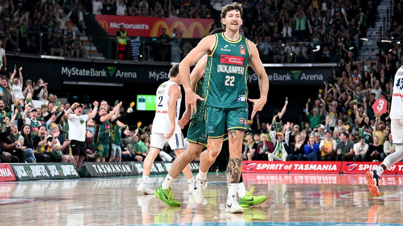 Will Magnay of the JackJumpers celebrates after he sinks a basket from beyond halfway on the first-quarter buzzer. — Article image accompanying Cotton unleashes late blitz as 36ers sink JackJumpers on WagerUp Sports News. Will Magnay of the JackJumpers celebrates after he sinks a basket from beyond halfway on the first-quarter buzzer. — Article image accompanying Cotton unleashes late blitz as 36ers sink JackJumpers on WagerUp Sports News.