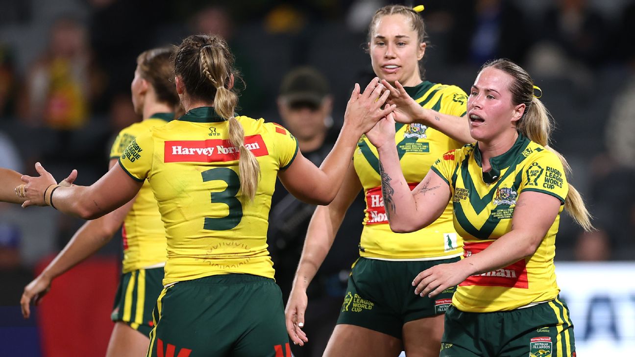 Keilee Joseph of Australia celebrates with team mates after scoring a try against Samoa. — Article image accompanying Jillaroos run riot in Women's World Cup opener on WagerUp Sports News. Keilee Joseph of Australia celebrates with team mates after scoring a try against Samoa. — Article image accompanying Jillaroos run riot in Women's World Cup opener on WagerUp Sports News.