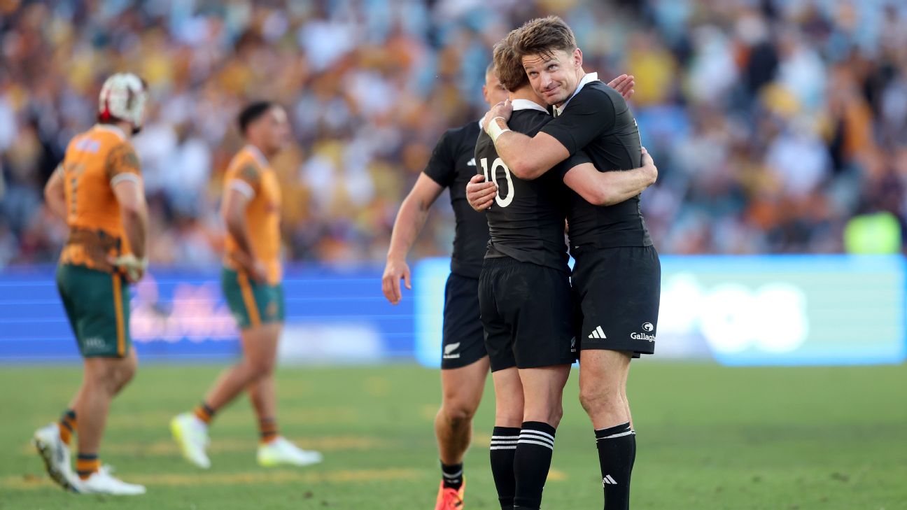 Damian McKenzie and Beauden Barrett embrace after defeating the Wallabies again. — Article image accompanying Another day, another Wallabies Bledisloe Cup beating on WagerUp Sports News. Damian McKenzie and Beauden Barrett embrace after defeating the Wallabies again. — Article image accompanying Another day, another Wallabies Bledisloe Cup beating on WagerUp Sports News.