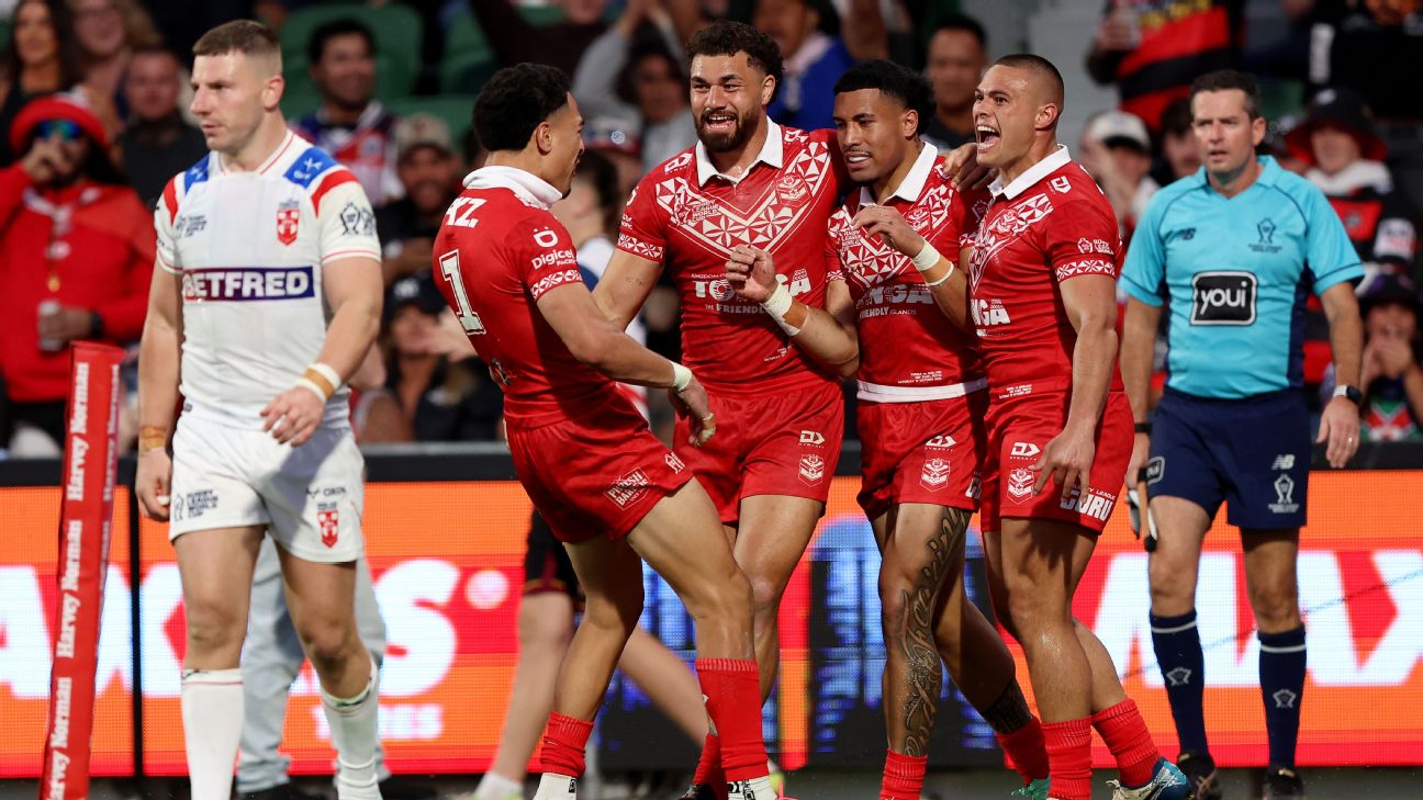 Article image accompanying England's Rugby League World Cup campaign in immediate jeopardy after opening loss to Tonga on WagerUp Sports News.